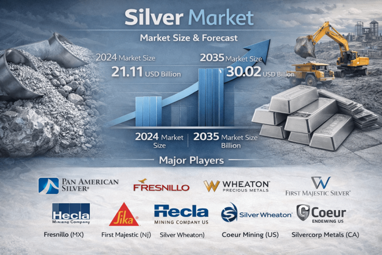 Silver Market Size USD 30.02 Billion by 2035 | Share, Trends, Price & Industry Forecast